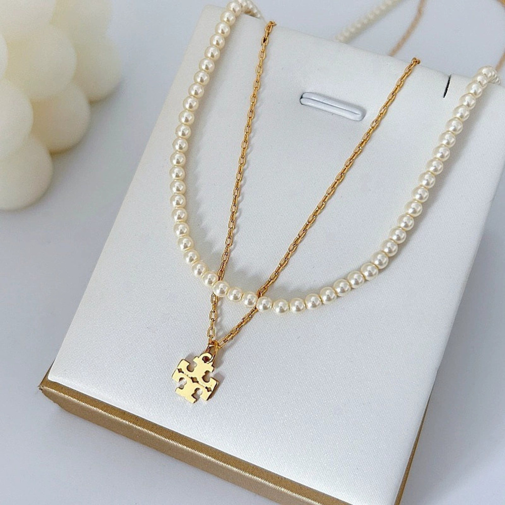 Tory Burch Double Layer Pearl Letter Necklace Choker